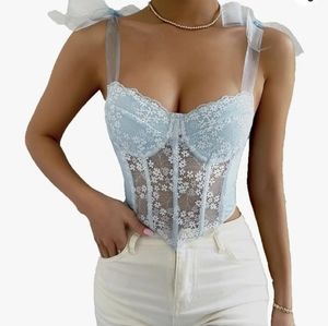 Baby blue lace bustier fitted cami slip on with ribbon ties
